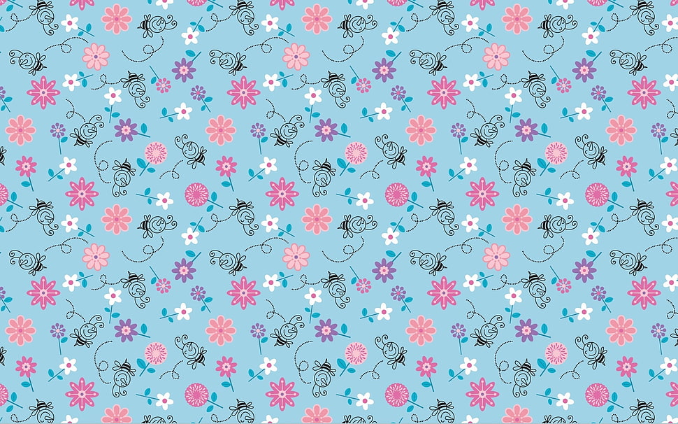 blue, pink, and white floral print surface HD wallpaper